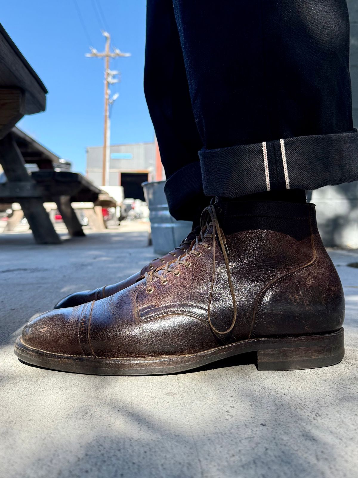 Photo by Drover_Shy on March 24, 2025 of the Viberg Service Boot in C.F. Stead Sap Waxed Kudu.
