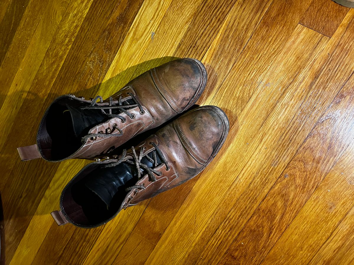 Photo by pillar13 on May 20, 2023 of the Blkbrd Shoemaker Dixon Cap Toe Derby Boot in Horween Natural Chromexcel.