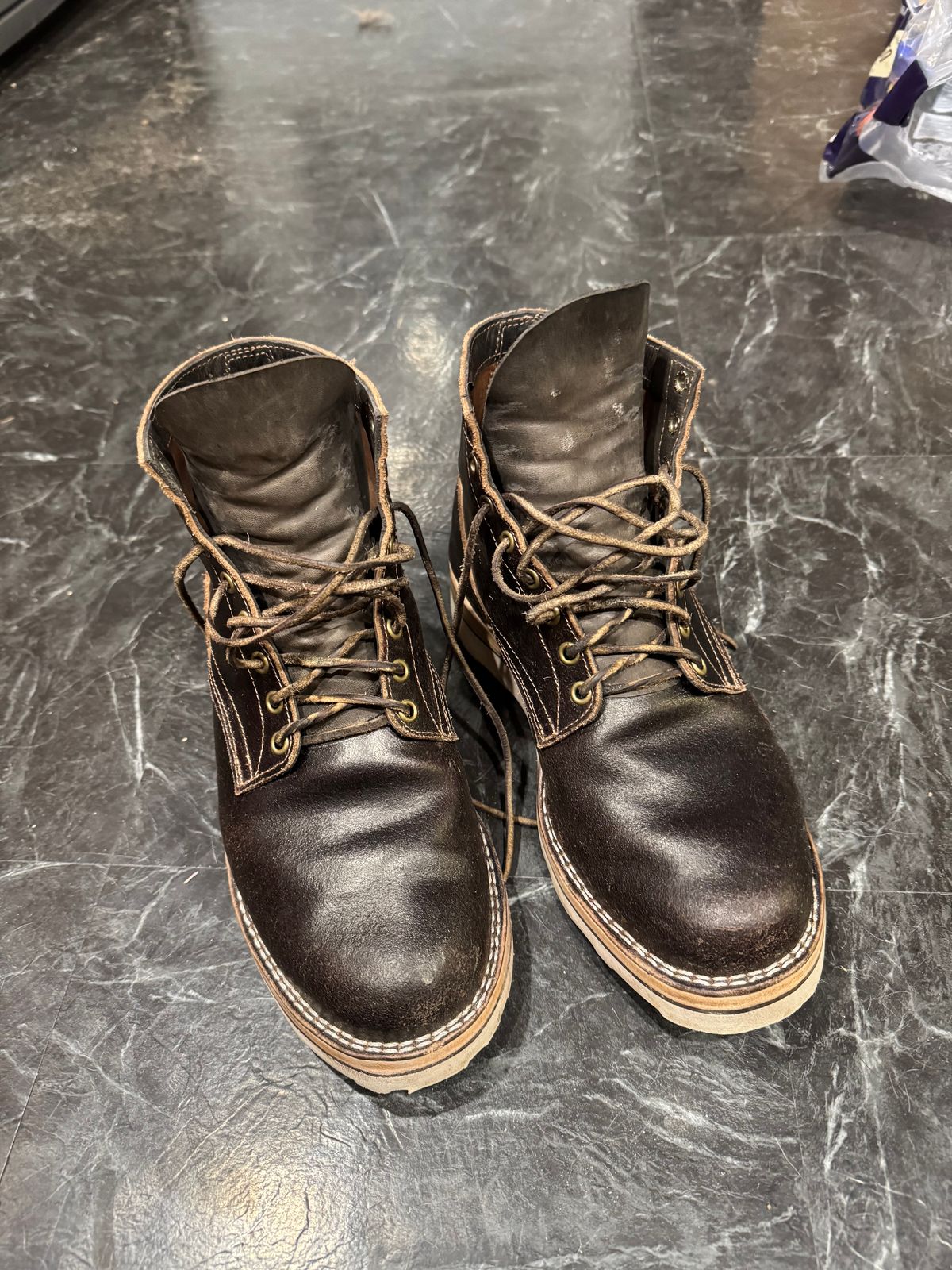 Photo by pillar13 on March 6, 2025 of the Self-Made Service Boot in Horween Espresso Waxed Flex.