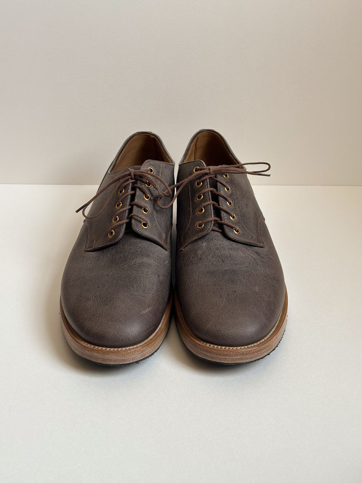 Photo by storybook.oak on October 2, 2025 of the Iron Boots TCO Shoe in C.F. Stead Cloudburst Waxed Kudu.