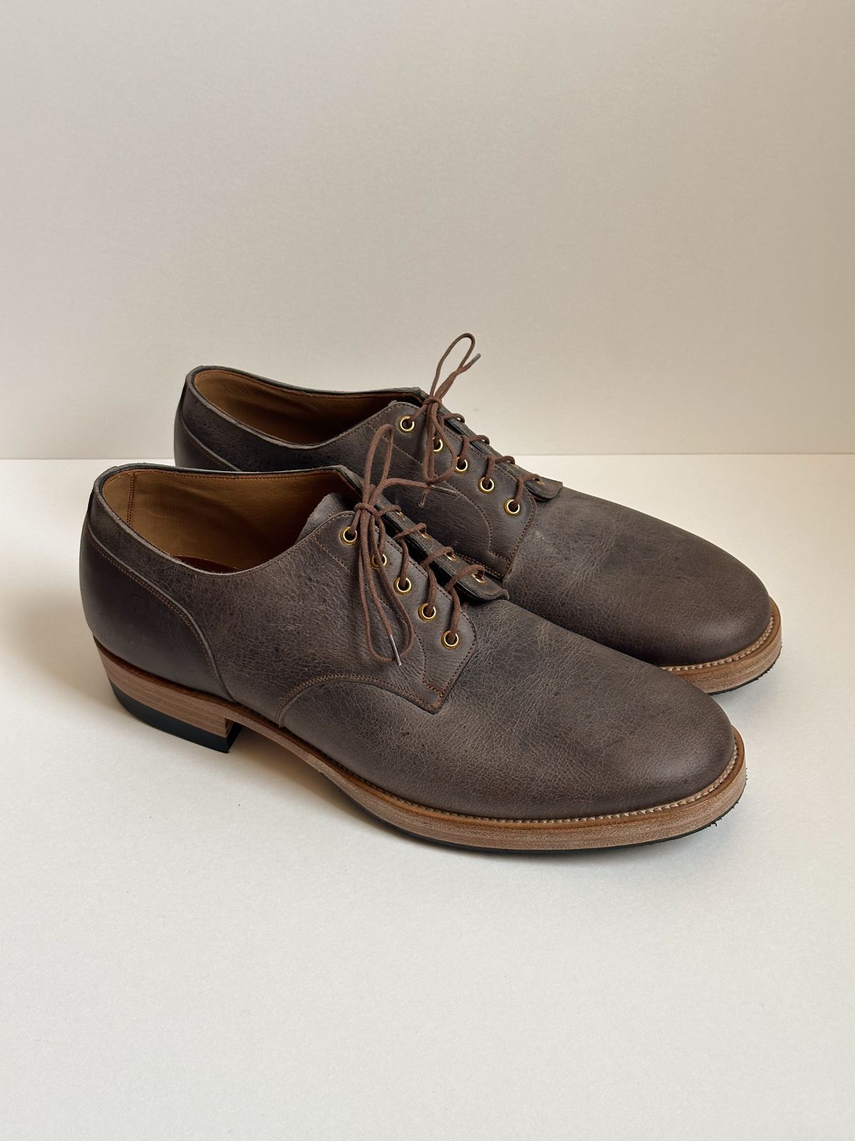 Photo by storybook.oak on October 2, 2025 of the Iron Boots TCO Shoe in C.F. Stead Cloudburst Waxed Kudu.
