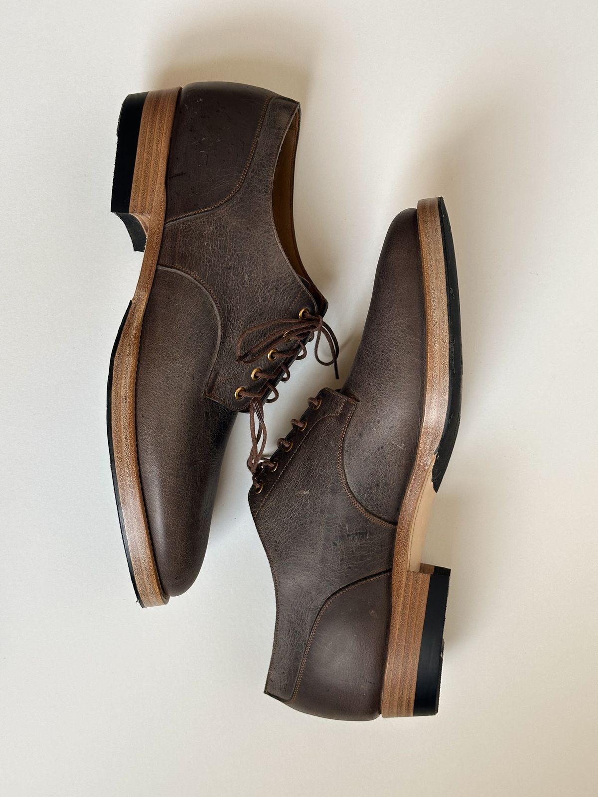 Photo by storybook.oak on October 2, 2025 of the Iron Boots TCO Shoe in C.F. Stead Cloudburst Waxed Kudu.