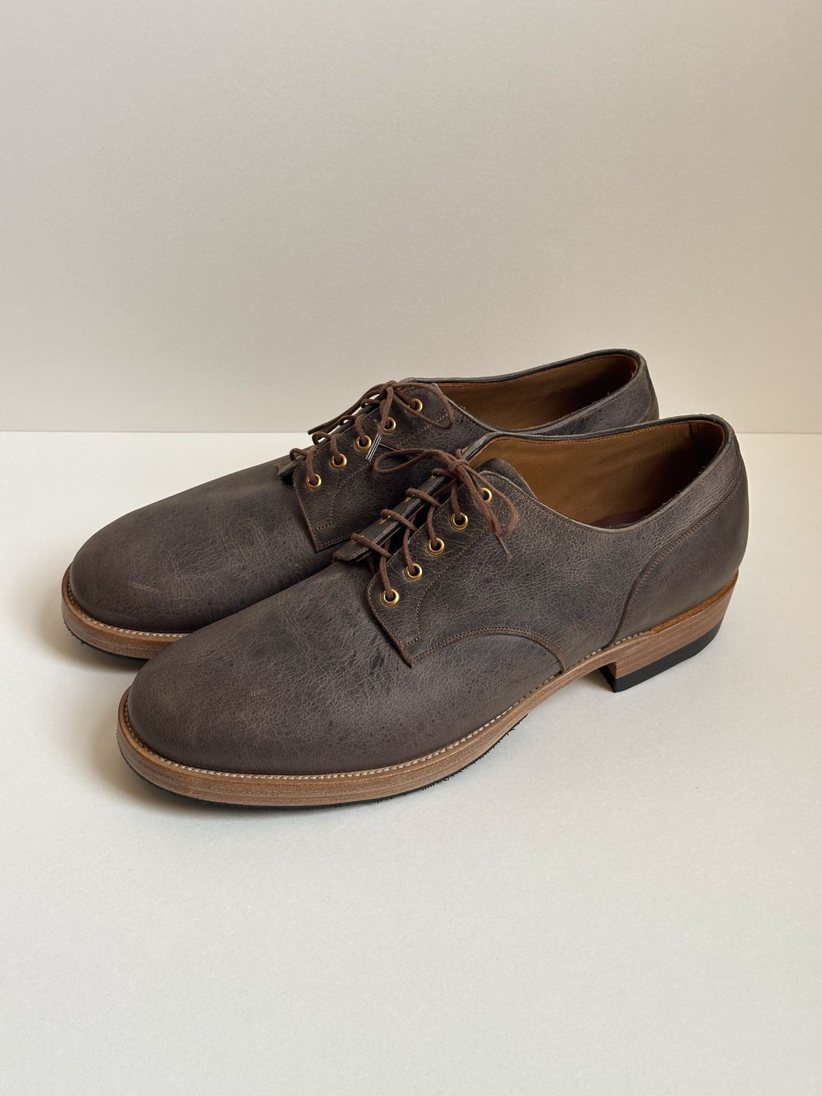 Photo by storybook.oak on October 2, 2025 of the Iron Boots TCO Shoe in C.F. Stead Cloudburst Waxed Kudu.