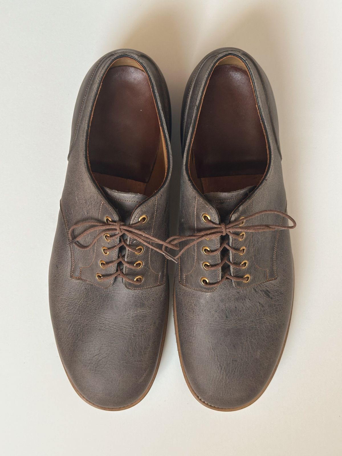 Photo by storybook.oak on October 2, 2025 of the Iron Boots TCO Shoe in C.F. Stead Cloudburst Waxed Kudu.