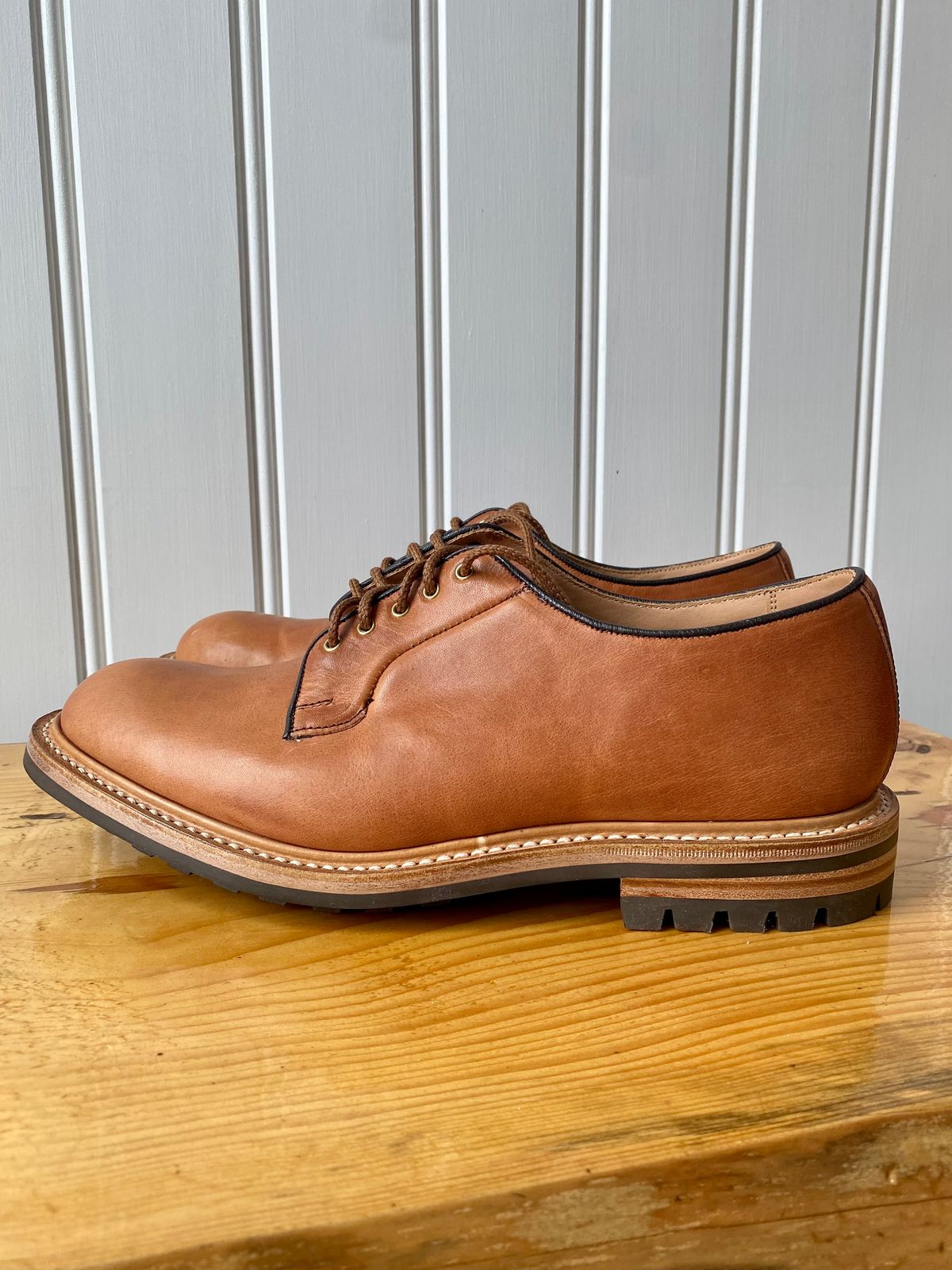 Photo by storybook.oak on October 1, 2022 of the Tricker's Robert Plain Derby Shoe in Horween Natural Dublin.