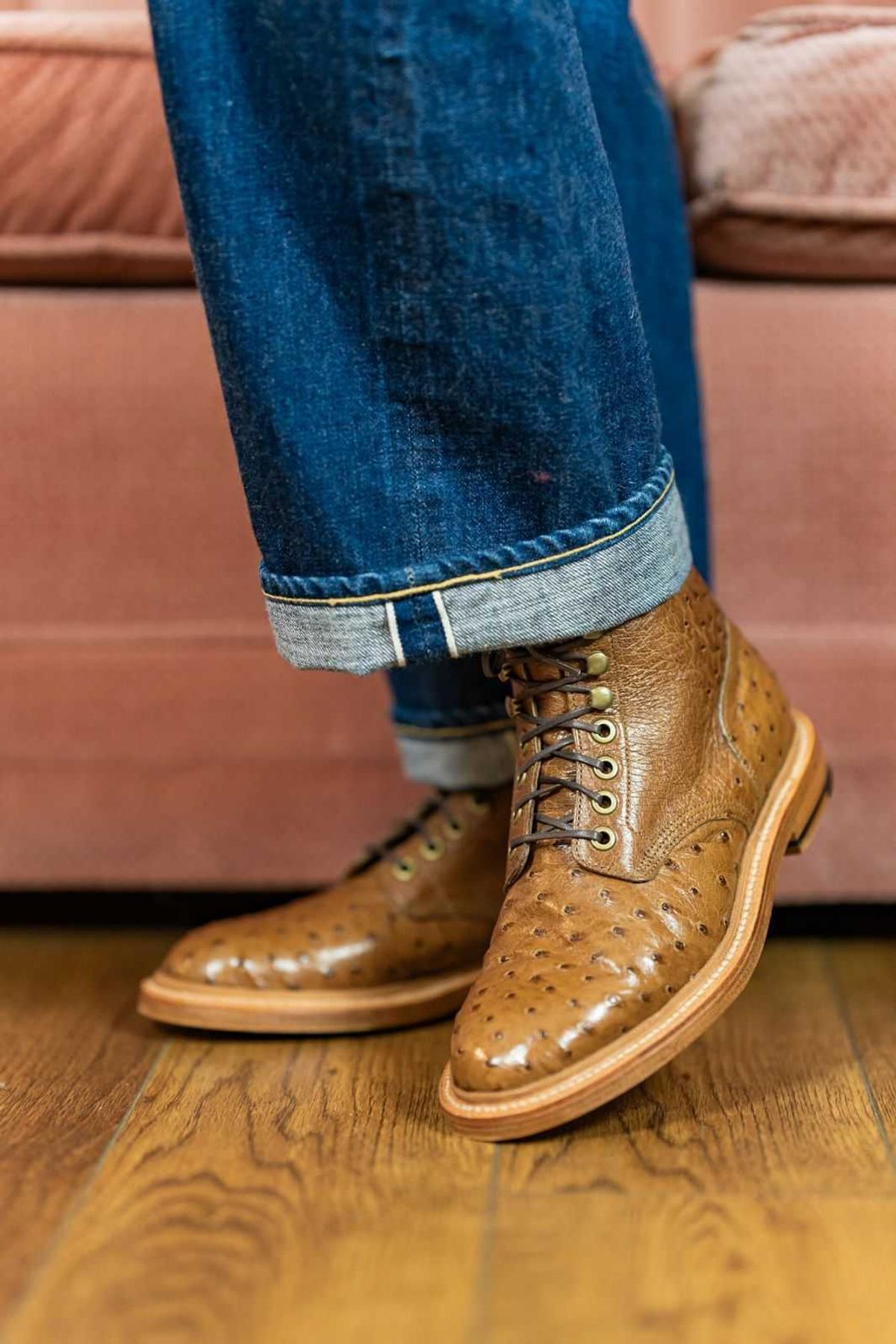 Photo by vintagefeatherr on November 5, 2023 of the Grant Stone Diesel Boot in Ranger Ostrich.