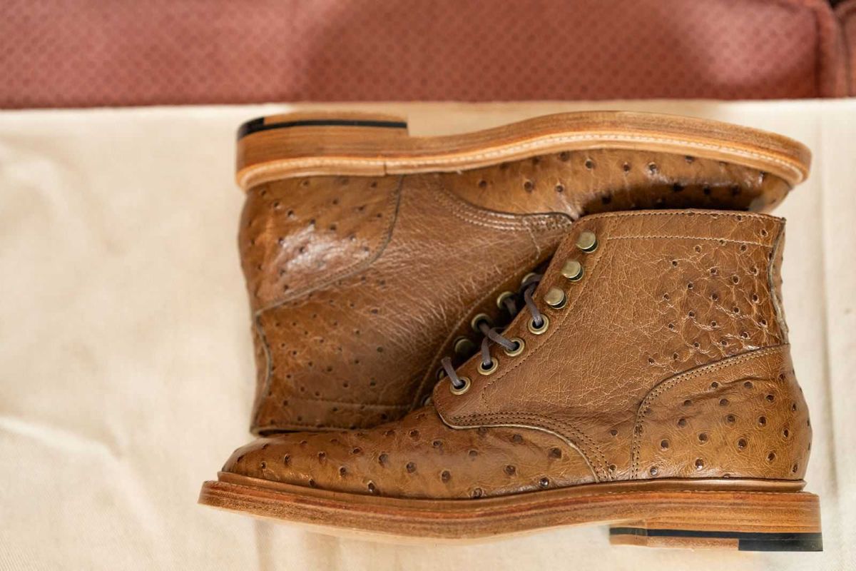 Photo by vintagefeatherr on November 5, 2023 of the Grant Stone Diesel Boot in Ranger Ostrich.