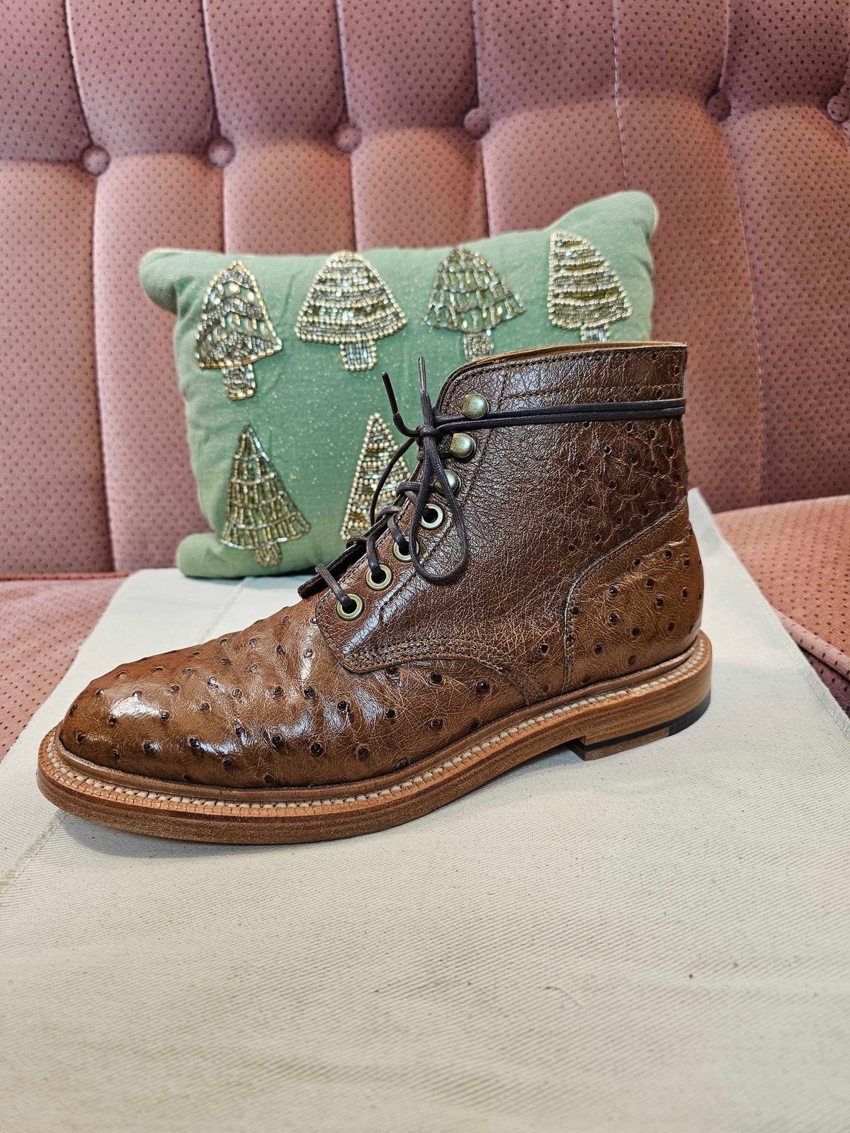 Photo by vintagefeatherr on December 5, 2023 of the Grant Stone Diesel Boot in Ranger Ostrich.