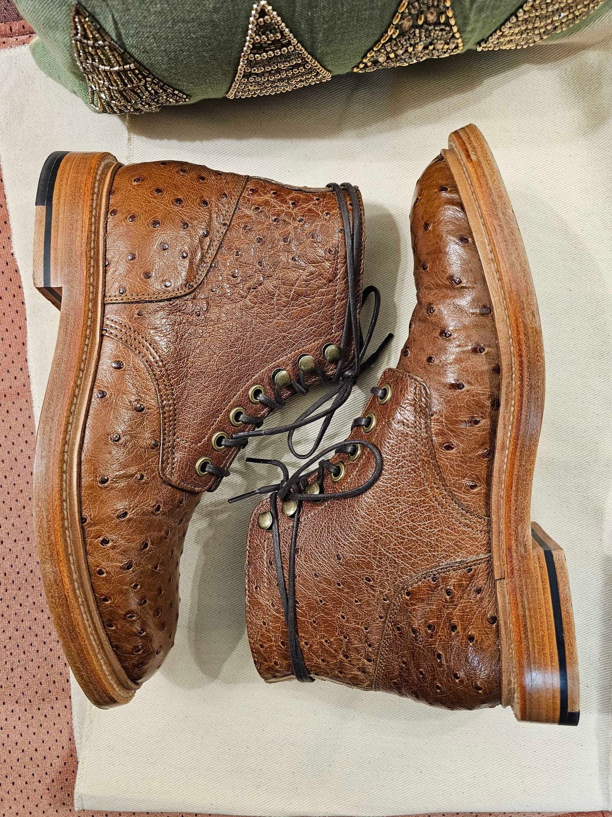 Photo by vintagefeatherr on December 5, 2023 of the Grant Stone Diesel Boot in Ranger Ostrich.