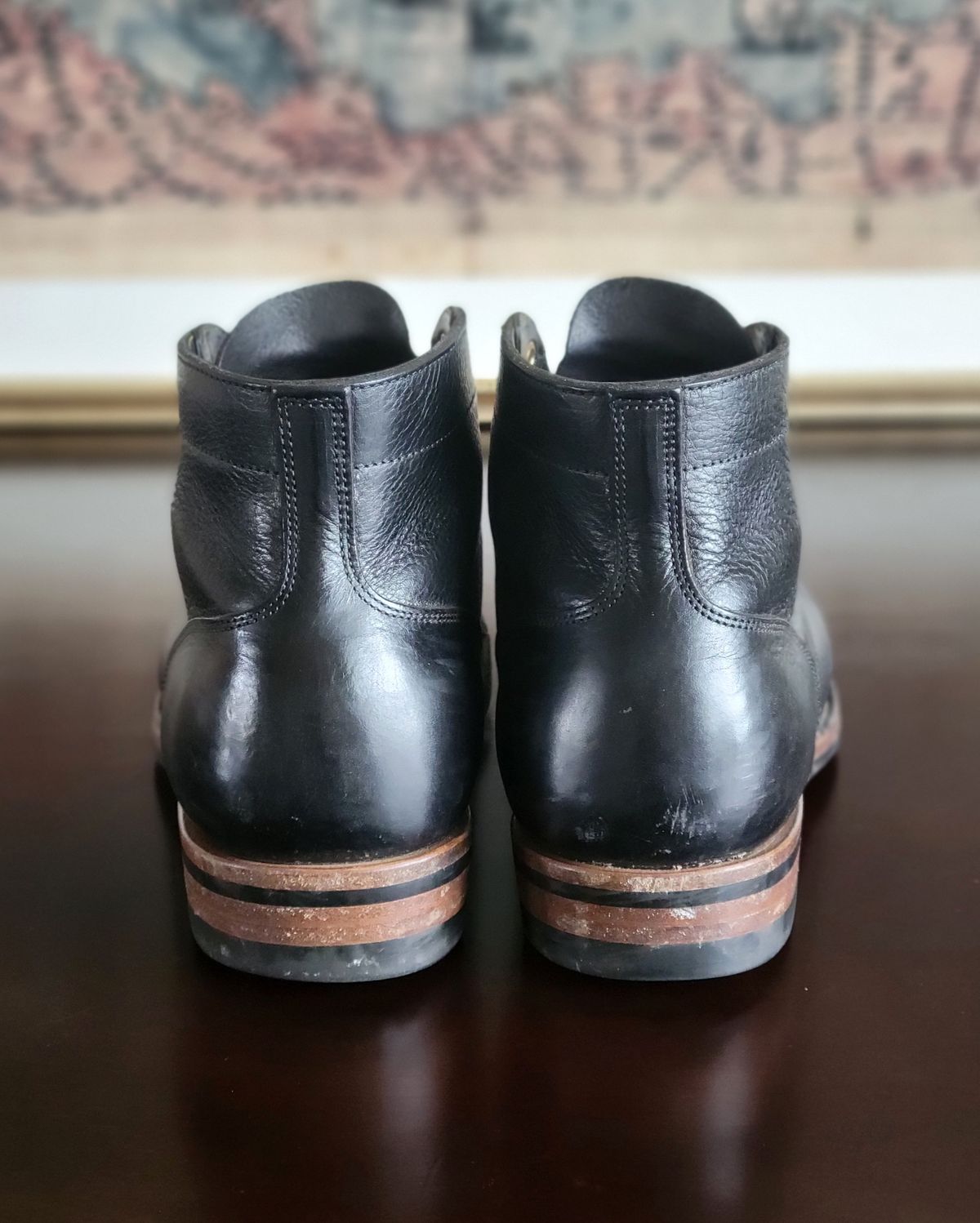 Photo by Arsenicmickey on March 4, 2024 of the Iron Boots Pitman in Black Italy Waxed Bullhide.