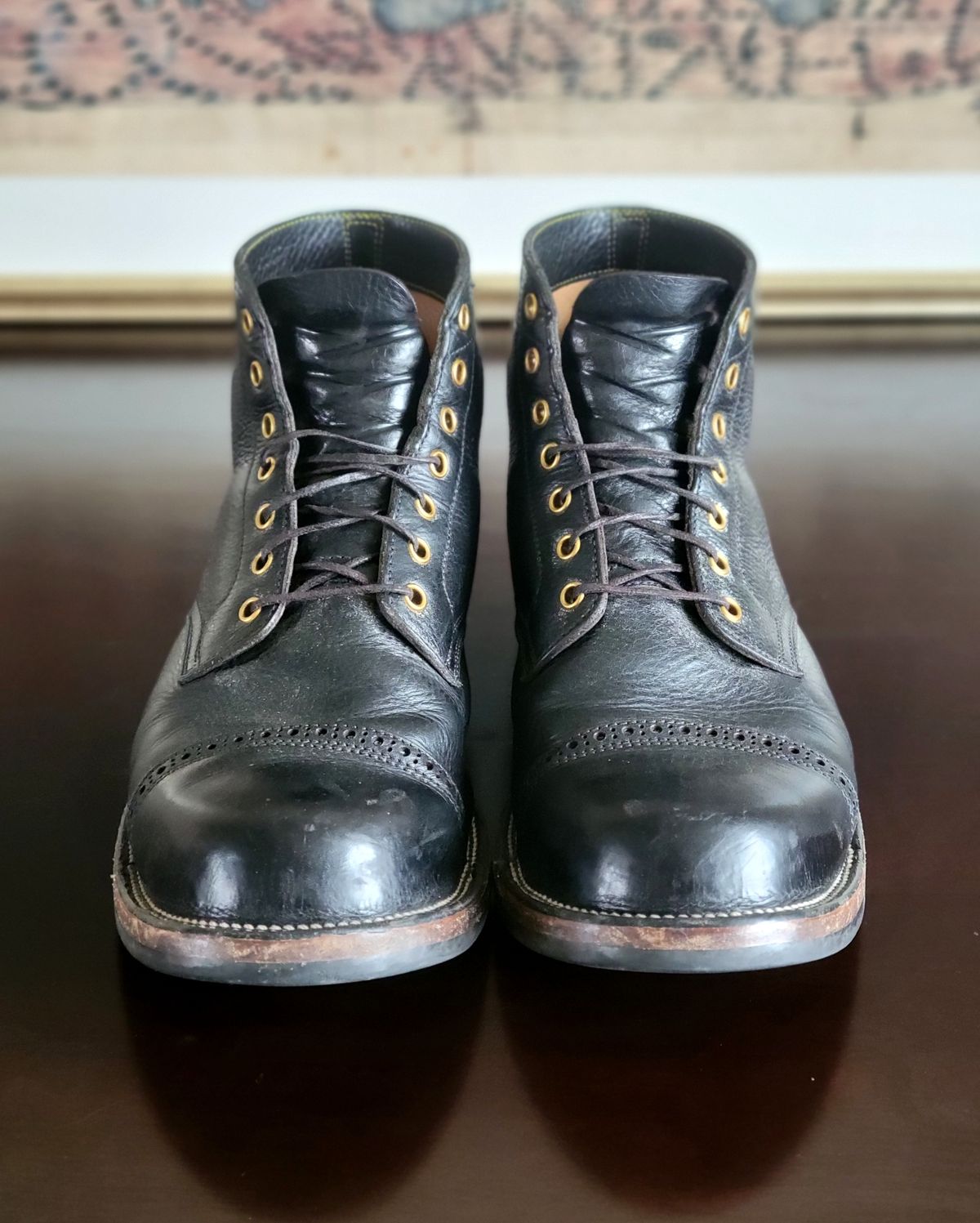 Photo by Arsenicmickey on March 4, 2024 of the Iron Boots Pitman in Black Italy Waxed Bullhide.