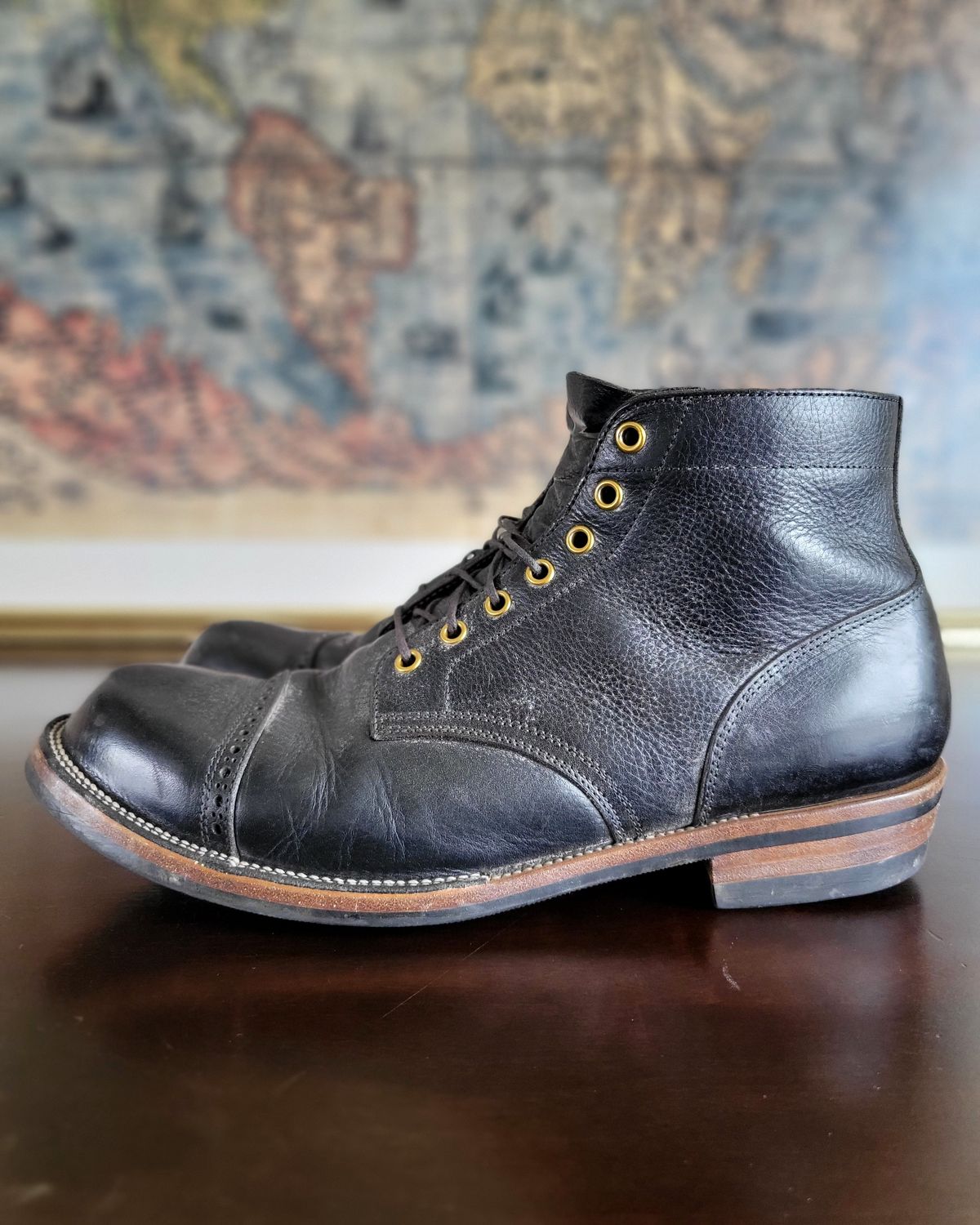 Photo by Arsenicmickey on March 4, 2024 of the Iron Boots Pitman in Black Italy Waxed Bullhide.