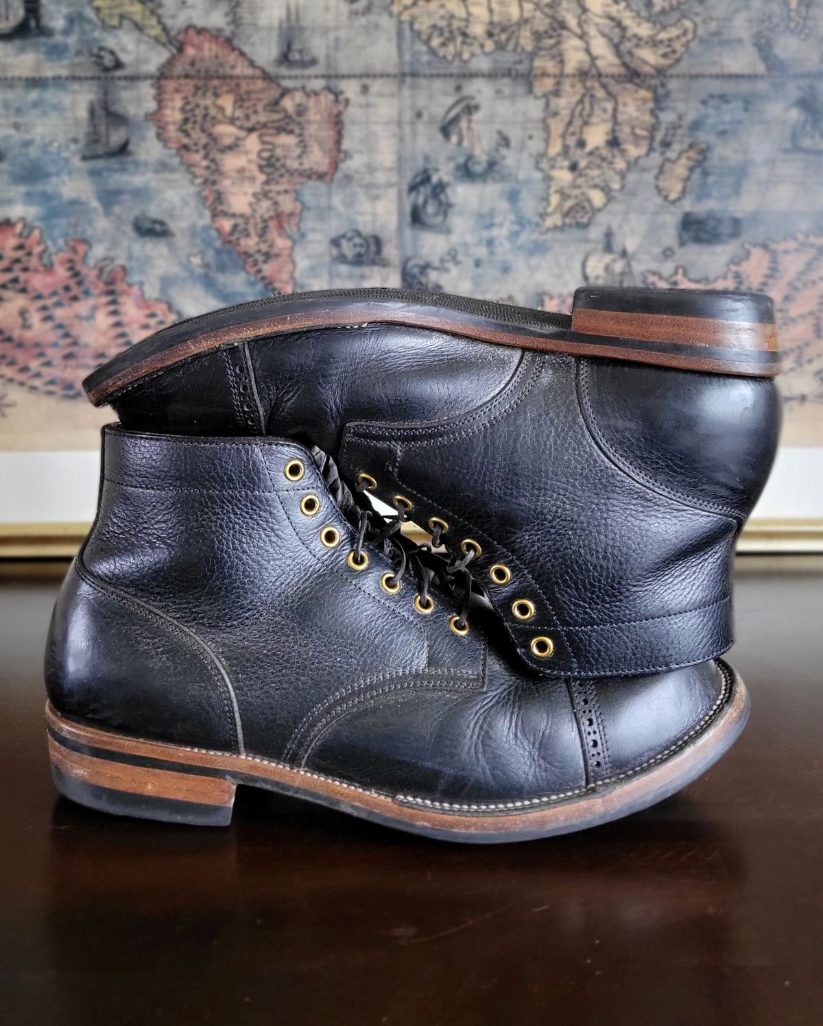 Photo by Arsenicmickey on March 4, 2024 of the Iron Boots Pitman in Black Italy Waxed Bullhide.