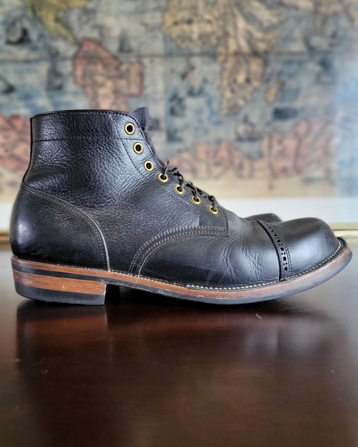 Photo by Arsenicmickey on March 4, 2024 of the Iron Boots Pitman in Black Italy Waxed Bullhide.