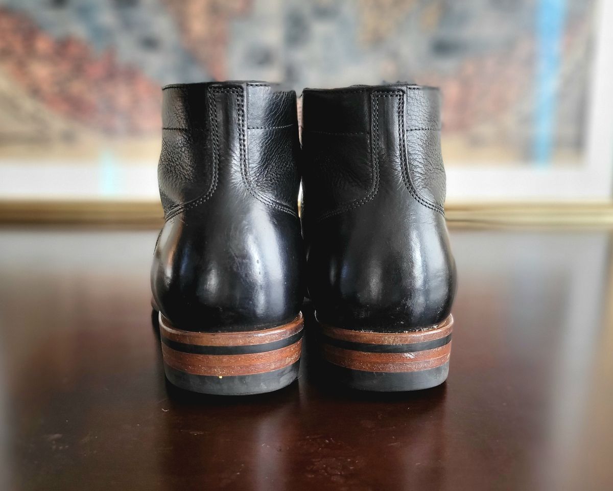 Photo by Arsenicmickey on April 3, 2024 of the Iron Boots Pitman in Black Italy Waxed Bullhide.