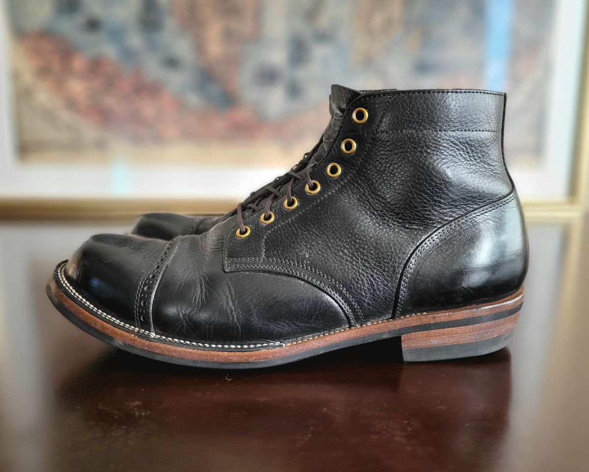 Photo by Arsenicmickey on April 3, 2024 of the Iron Boots Pitman in Black Italy Waxed Bullhide.