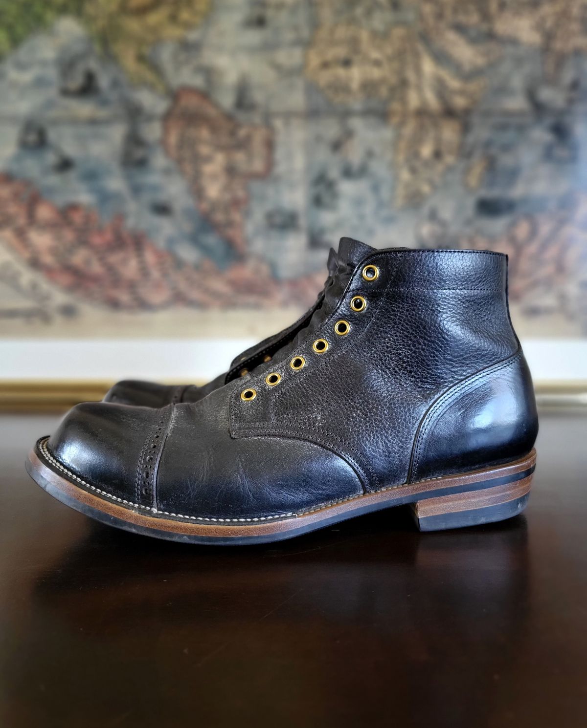 Photo by Arsenicmickey on December 3, 2023 of the Iron Boots Pitman in Black Italy Waxed Bullhide.