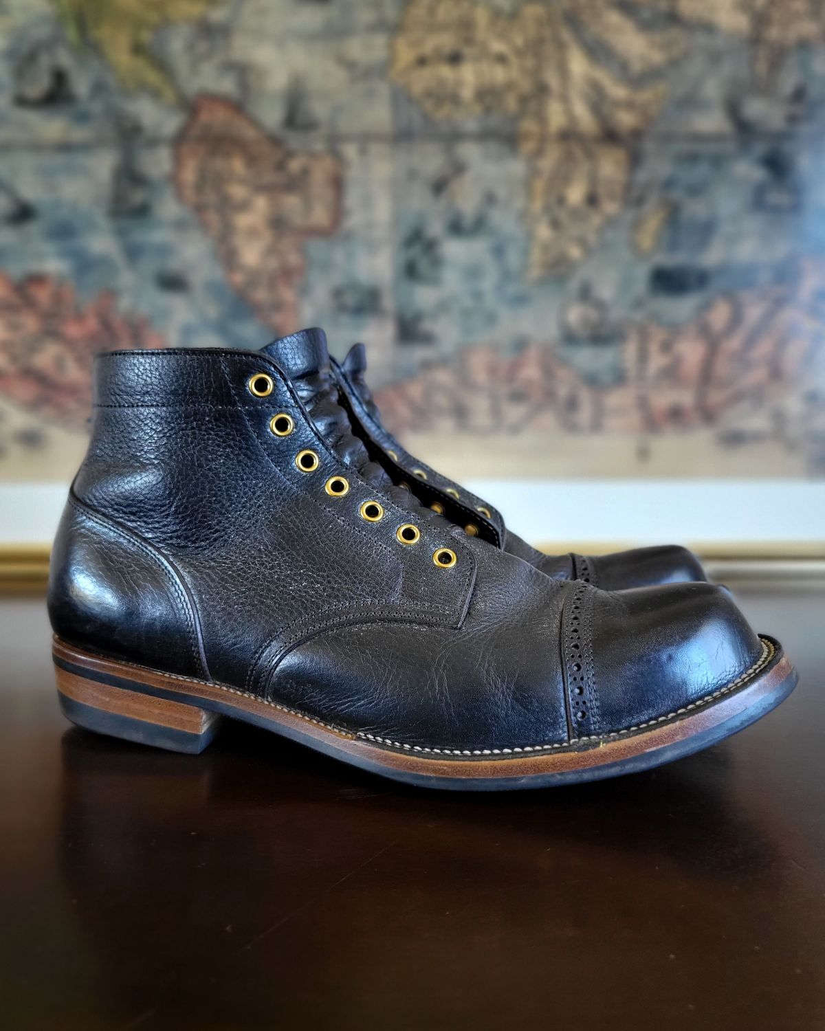 Photo by Arsenicmickey on December 3, 2023 of the Iron Boots Pitman in Black Italy Waxed Bullhide.