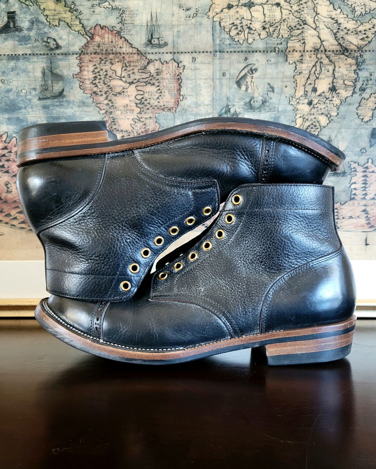 Photo by Arsenicmickey on January 3, 2024 of the Iron Boots Pitman in Black Italy Waxed Bullhide.