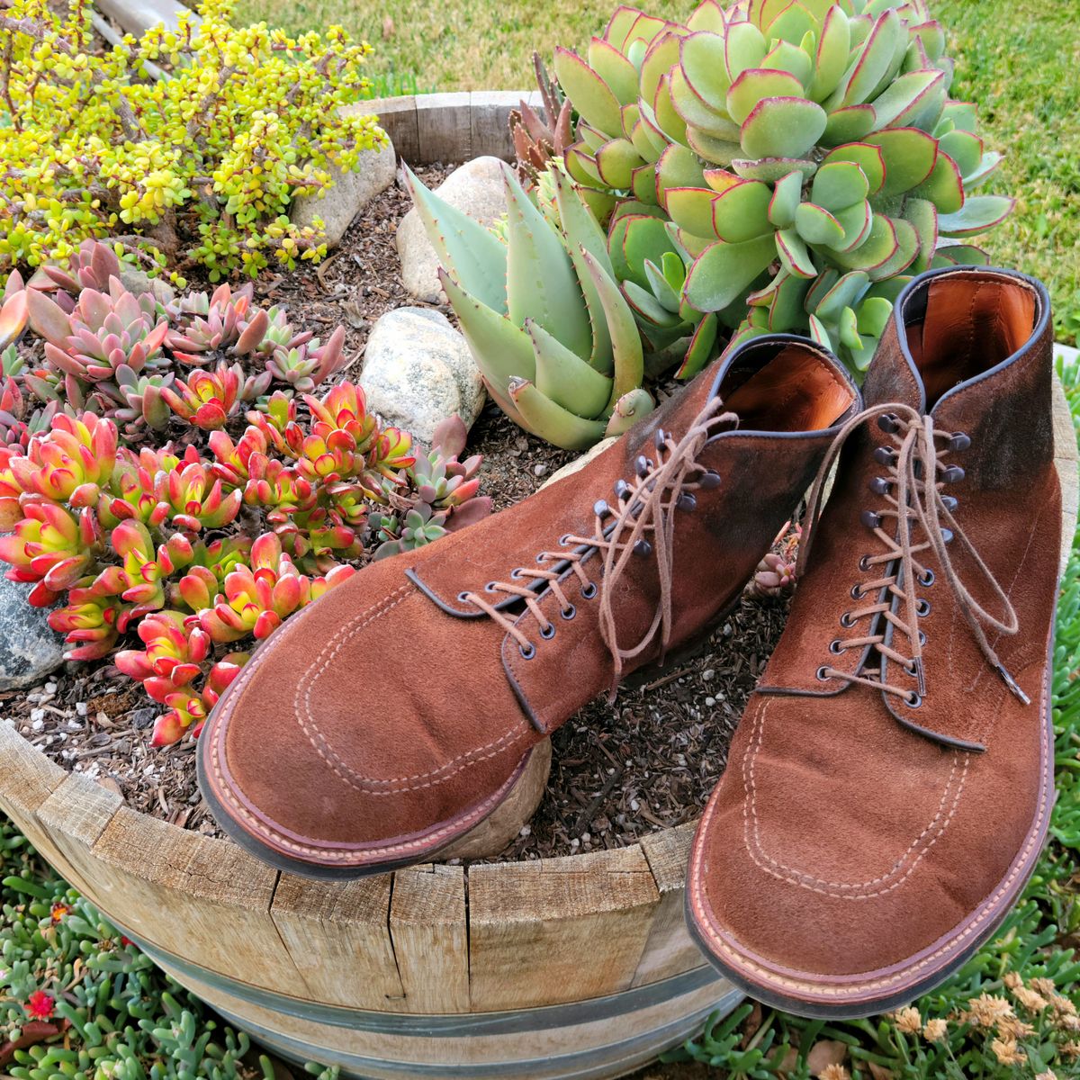 Photo by Arsenicmickey on December 5, 2022 of the Alden Indy Boot in Horween Tobacco Chamois Roughout.