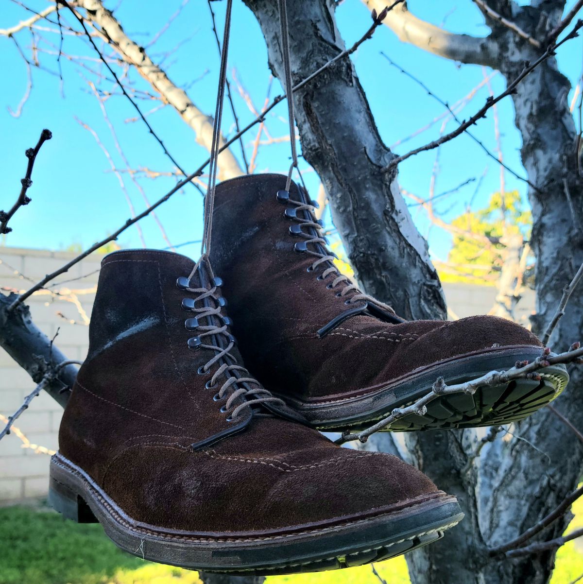 Photo by Arsenicmickey on February 2, 2023 of the Alden Indy Boot in Horween Tobacco Chamois Roughout.