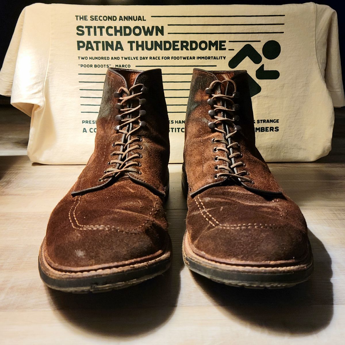 Photo by Arsenicmickey on April 2, 2023 of the Alden Indy Boot in Horween Tobacco Chamois Roughout.