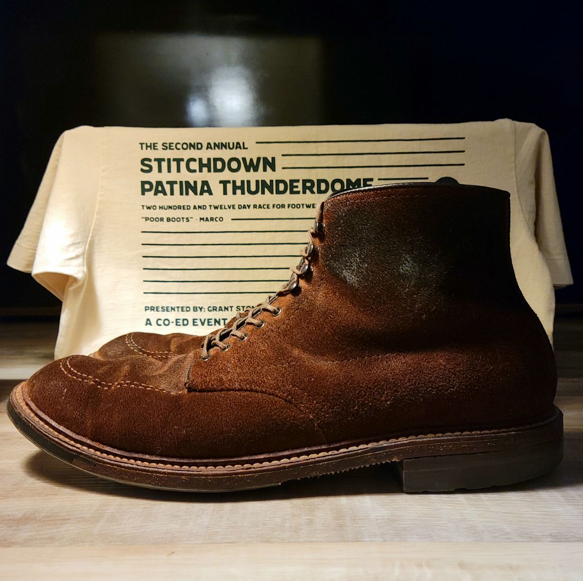 Photo by Arsenicmickey on April 2, 2023 of the Alden Indy Boot in Horween Tobacco Chamois Roughout.