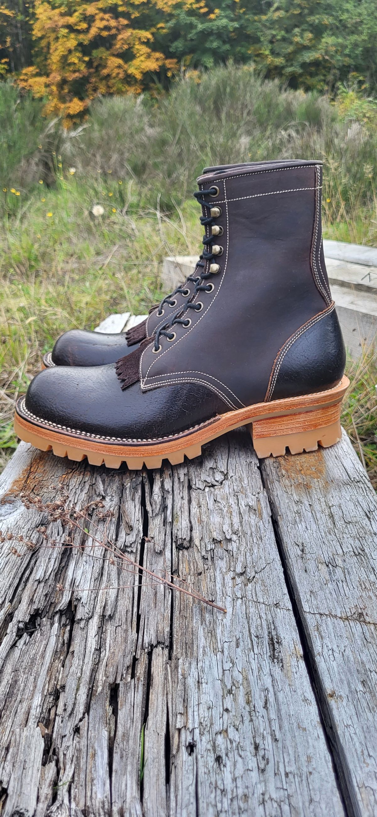 Photo by toddblas on November 1, 2023 of the Fortis Boots Custom DAKAR with Logger in Horween Java Waxed Flesh.