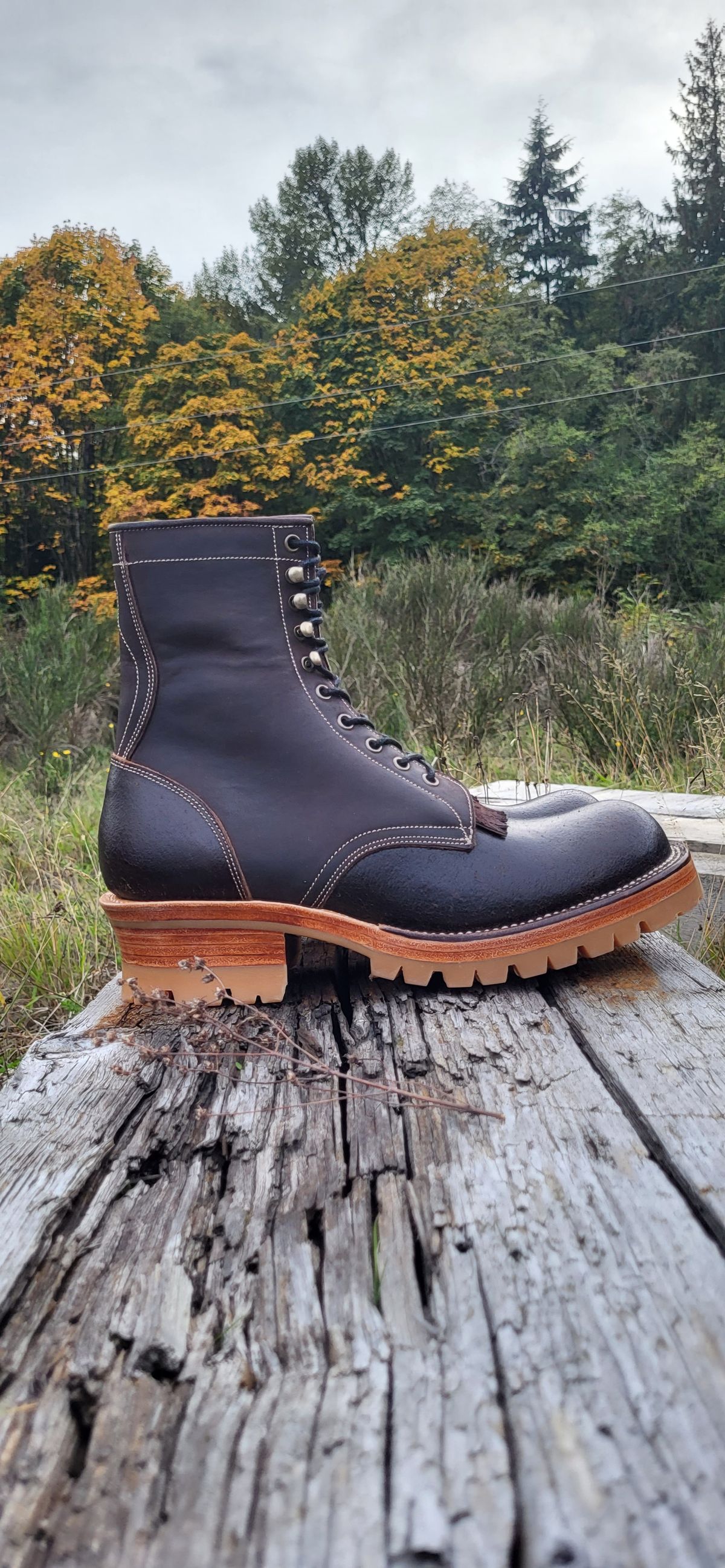 Photo by toddblas on November 1, 2023 of the Fortis Boots Custom DAKAR with Logger in Horween Java Waxed Flesh.