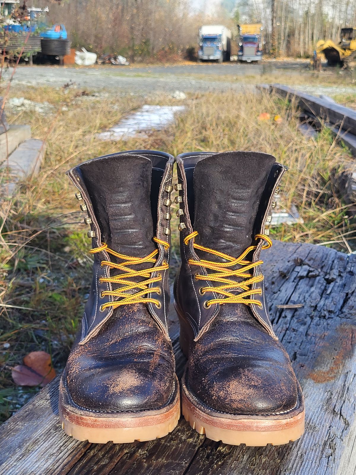 Photo by toddblas on December 2, 2023 of the Fortis Boots Custom DAKAR with Logger in Horween Java Waxed Flesh.