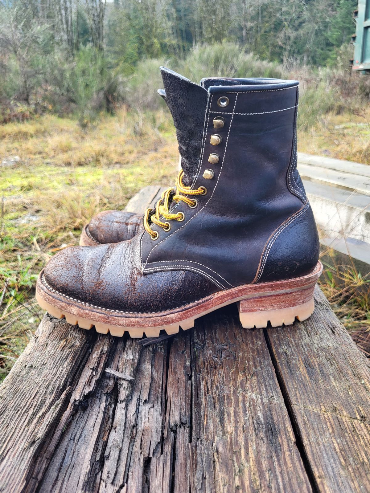 Photo by toddblas on January 2, 2024 of the Fortis Boots Custom DAKAR with Logger in Horween Java Waxed Flesh.
