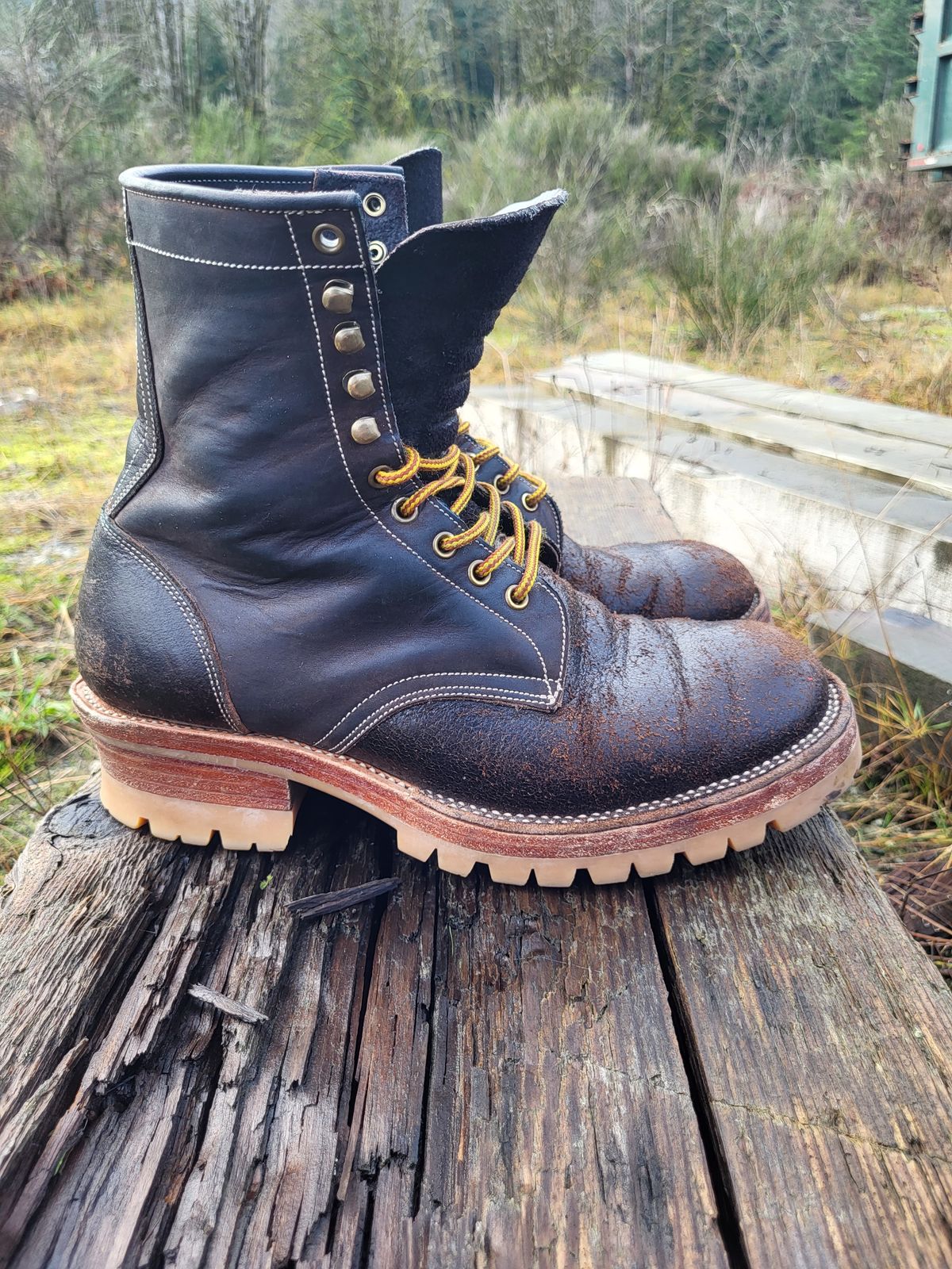 Photo by toddblas on January 2, 2024 of the Fortis Boots Custom DAKAR with Logger in Horween Java Waxed Flesh.