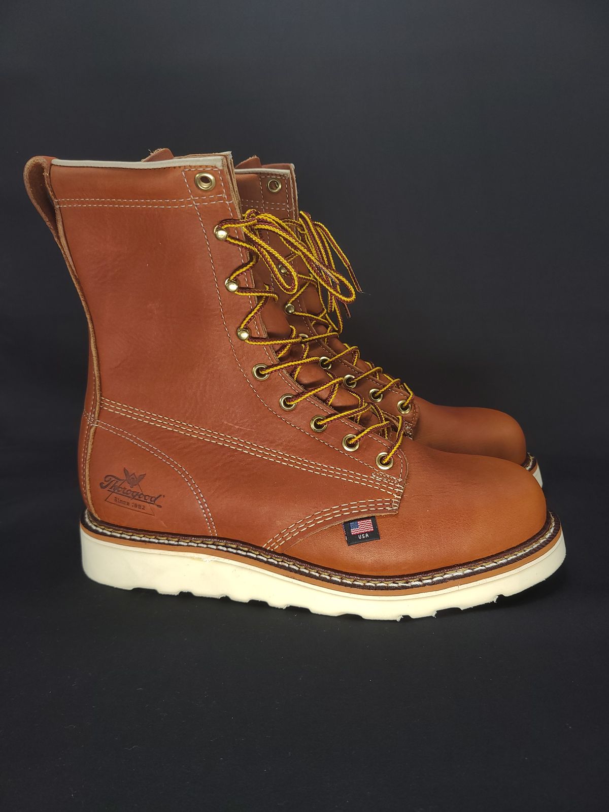 Photo by TheWorkingBastard on October 1, 2022 of the Thorogood 8" Plain Toe in Tobacco Gladiator Oil-Tanned.