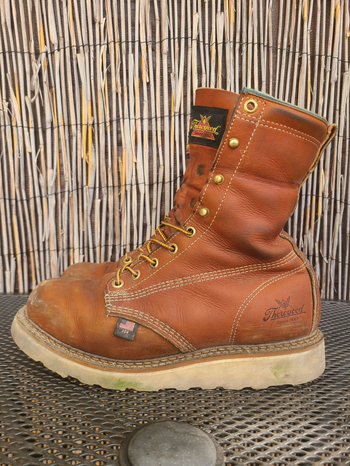 Photo by TheWorkingBastard on November 2, 2022 of the Thorogood 8" Plain Toe in Tobacco Gladiator Oil-Tanned.