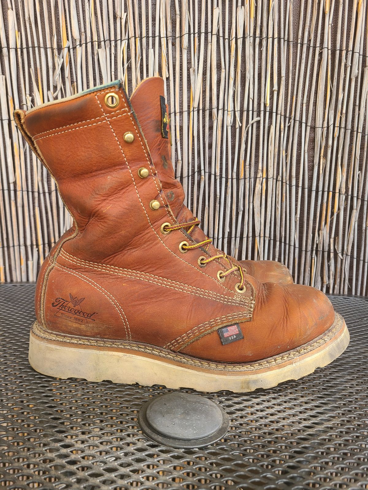 Photo by TheWorkingBastard on November 2, 2022 of the Thorogood 8" Plain Toe in Tobacco Gladiator Oil-Tanned.