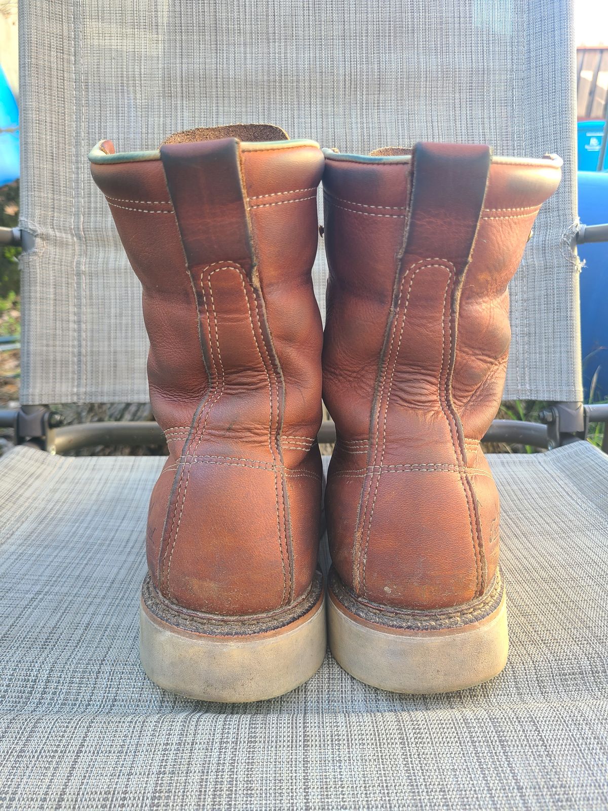 Photo by TheWorkingBastard on January 1, 2023 of the Thorogood 8" Plain Toe in Tobacco Gladiator Oil-Tanned.