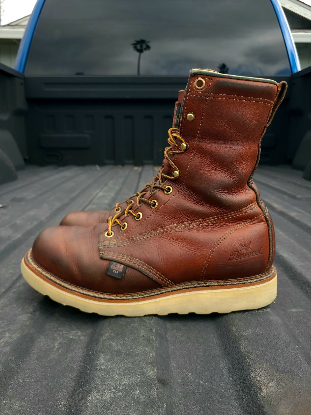 Photo by TheWorkingBastard on April 3, 2023 of the Thorogood 8" Plain Toe in Tobacco Gladiator Oil-Tanned.