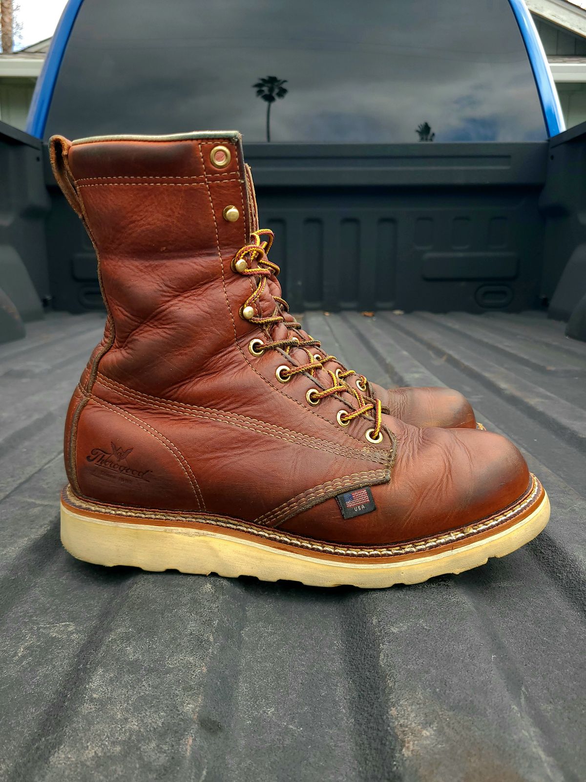 Photo by TheWorkingBastard on April 3, 2023 of the Thorogood 8" Plain Toe in Tobacco Gladiator Oil-Tanned.