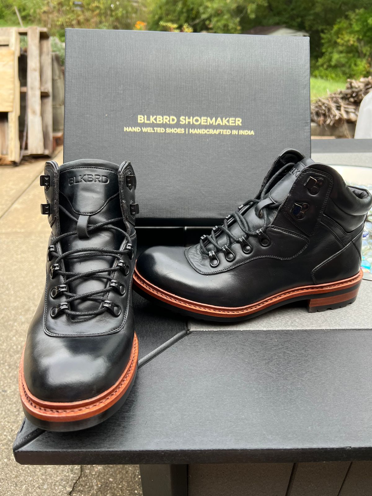 Photo by fieldlaf on September 25, 2024 of the Blkbrd Shoemaker Bulwark Trek Boot in Horween Black Chromexcel.