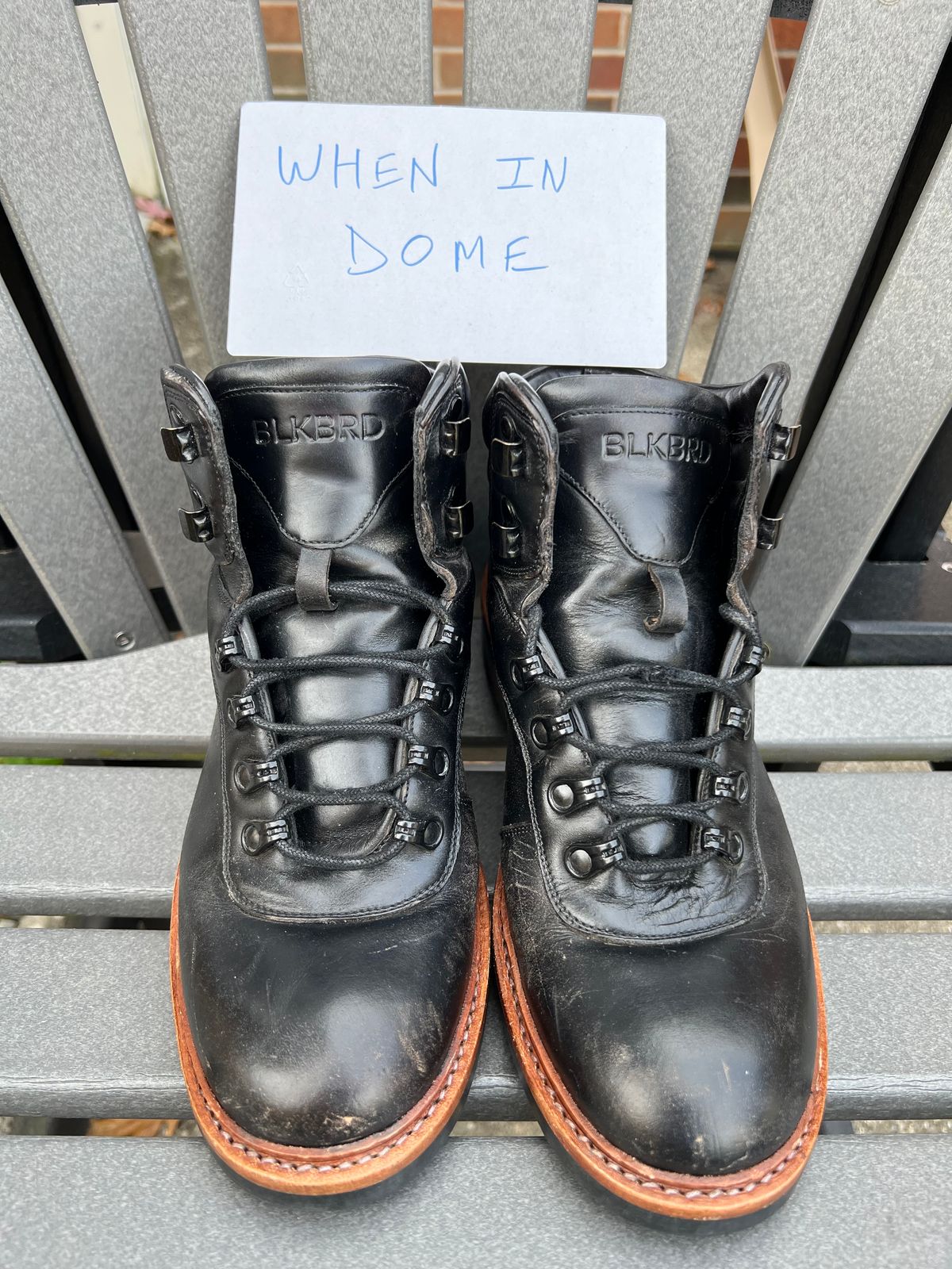 Photo by fieldlaf on November 4, 2024 of the Blkbrd Shoemaker Bulwark Trek Boot in Horween Black Chromexcel.