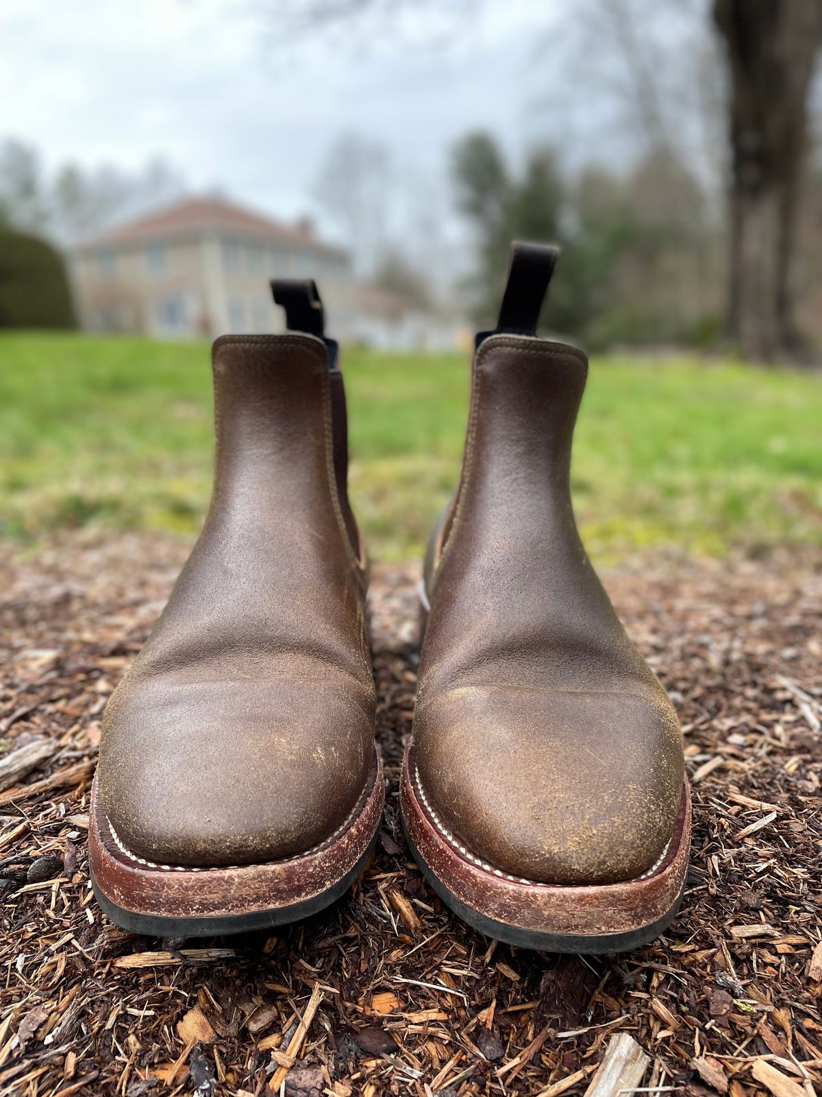 Photo by NewEnglandIndigo on December 3, 2022 of the Benzein The Seventh Chelsea Boot in Horween Olive Waxed Flesh.