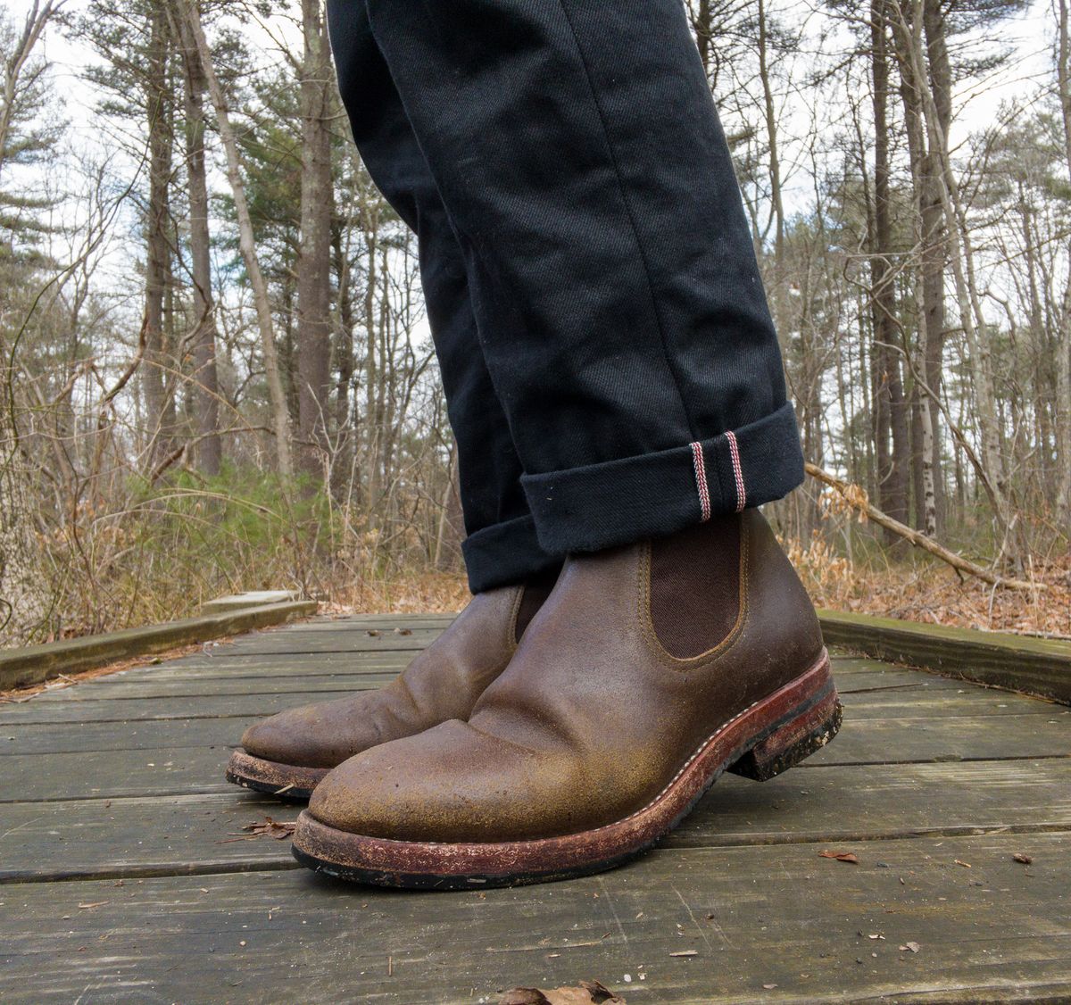 Photo by NewEnglandIndigo on February 2, 2023 of the Benzein The Seventh Chelsea Boot in Horween Olive Waxed Flesh.