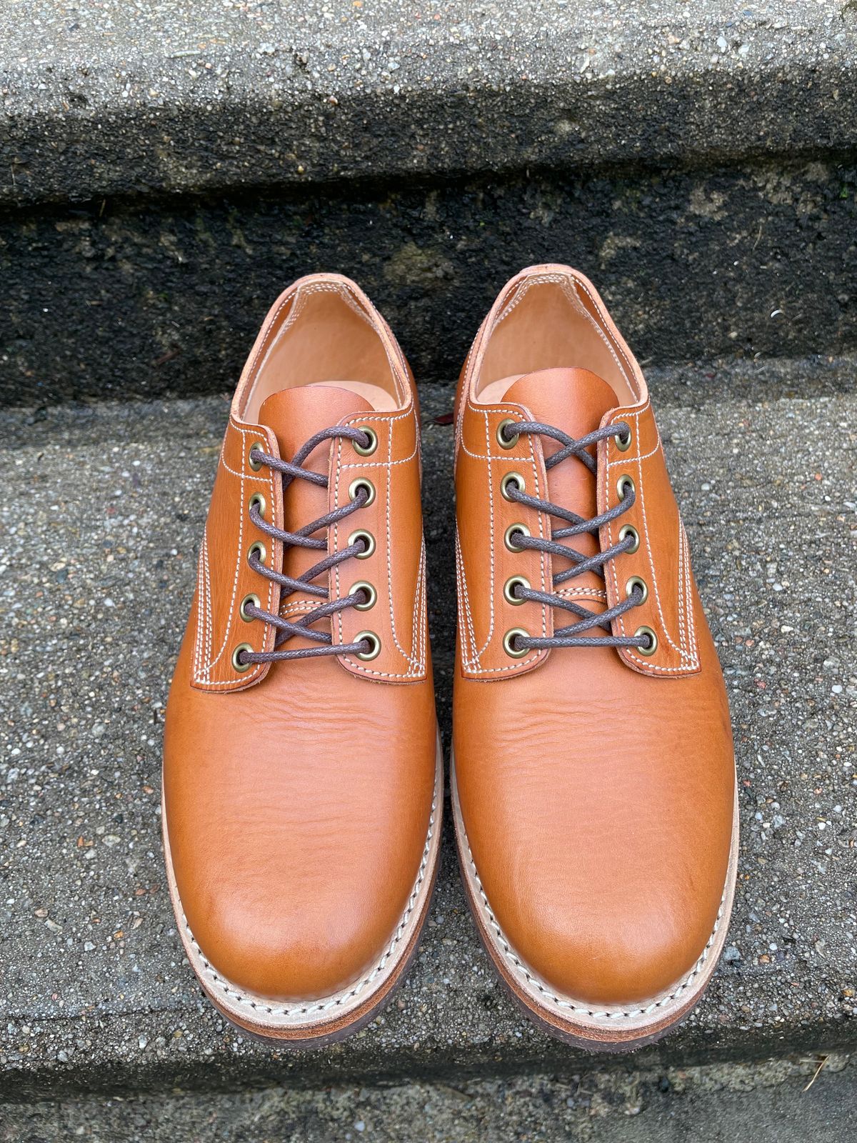 Photo by NewEnglandIndigo on October 1, 2023 of the Onderhoud LVL01 Derby Boot in Badalassi Carlo Cognac Minerva.