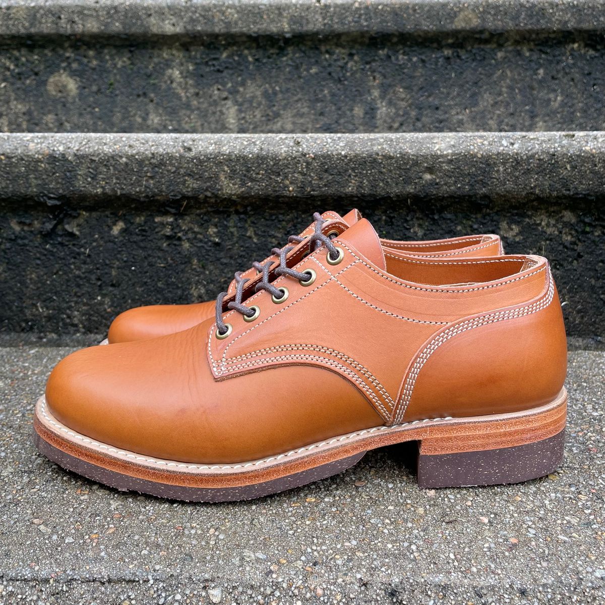 Photo by NewEnglandIndigo on October 1, 2023 of the Onderhoud LVL01 Derby Boot in Badalassi Carlo Cognac Minerva.