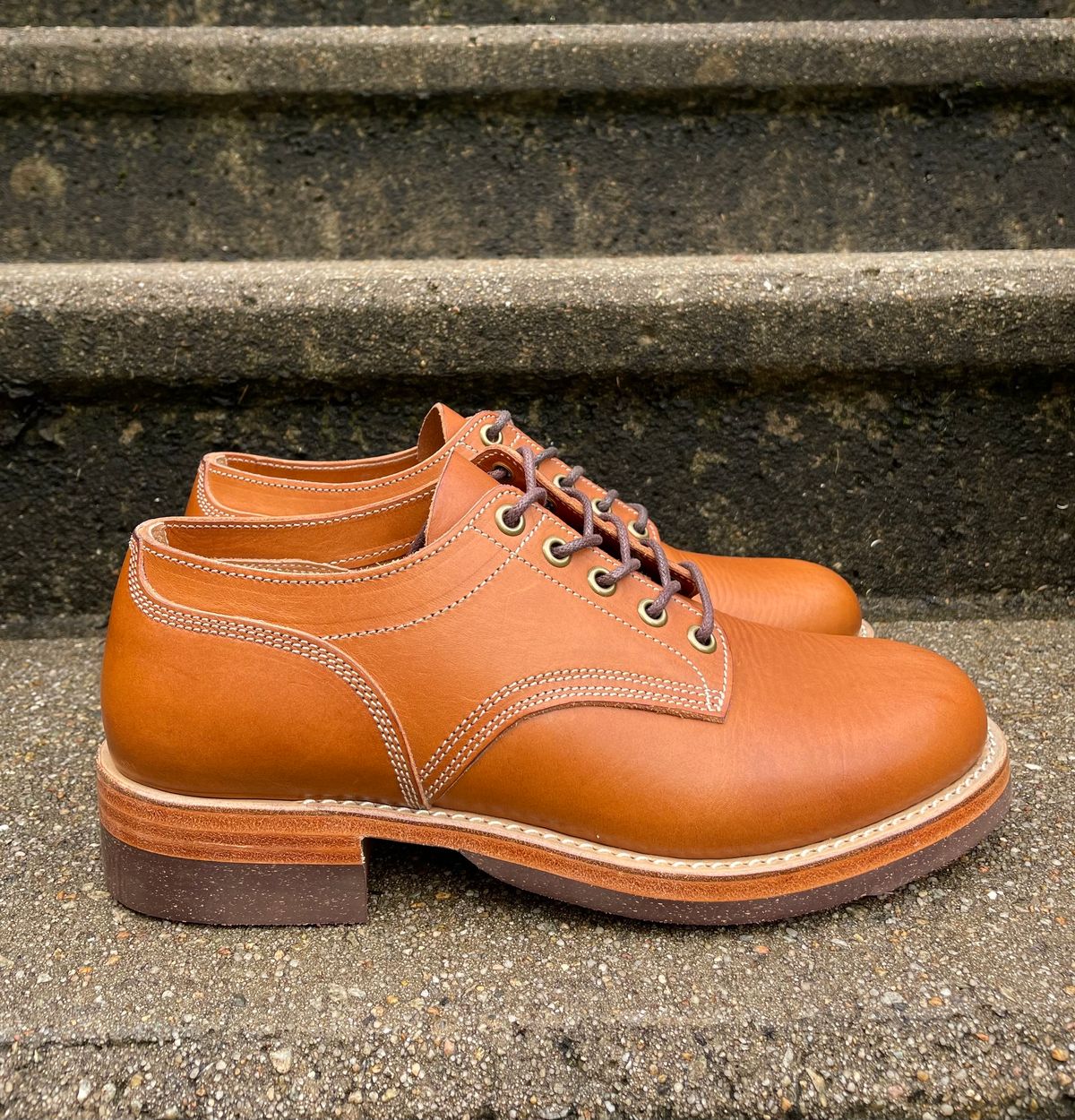 Photo by NewEnglandIndigo on October 1, 2023 of the Onderhoud LVL01 Derby Boot in Badalassi Carlo Cognac Minerva.