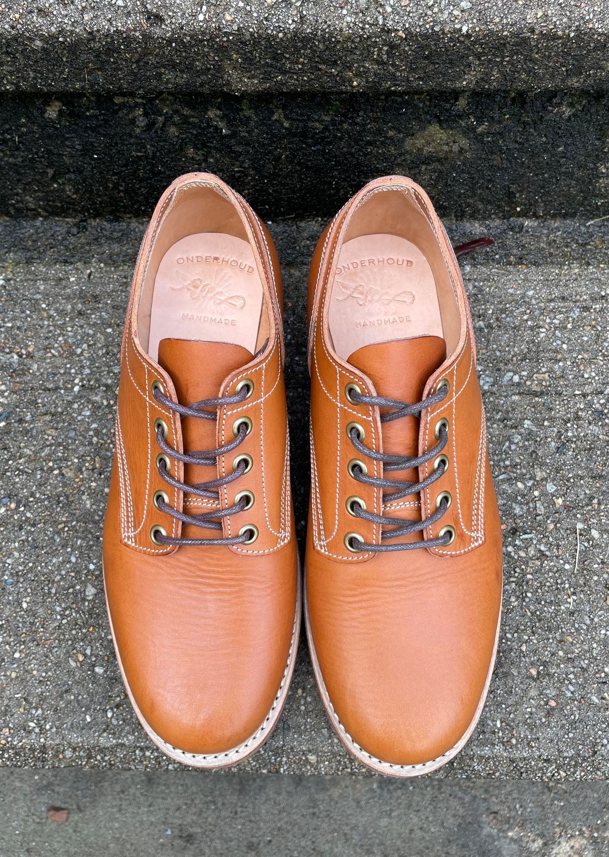 Photo by NewEnglandIndigo on October 1, 2023 of the Onderhoud LVL01 Derby Boot in Badalassi Carlo Cognac Minerva.