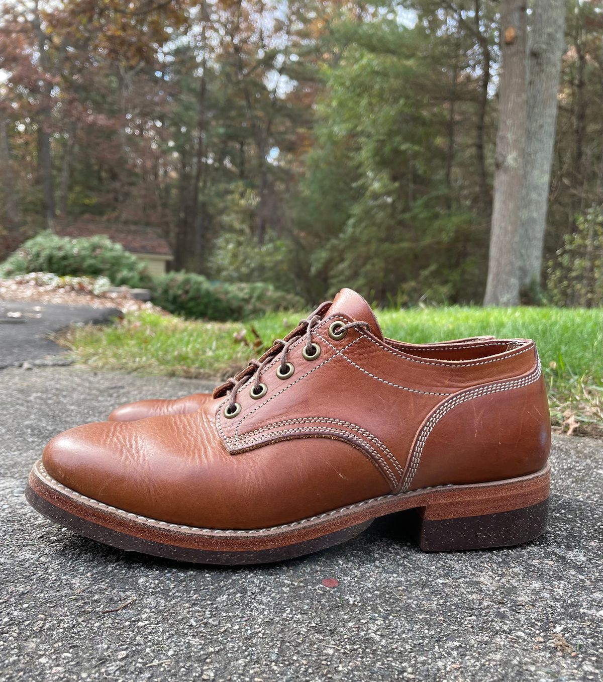 Photo by NewEnglandIndigo on November 4, 2023 of the Onderhoud LVL01 Derby Boot in Badalassi Carlo Cognac Minerva.