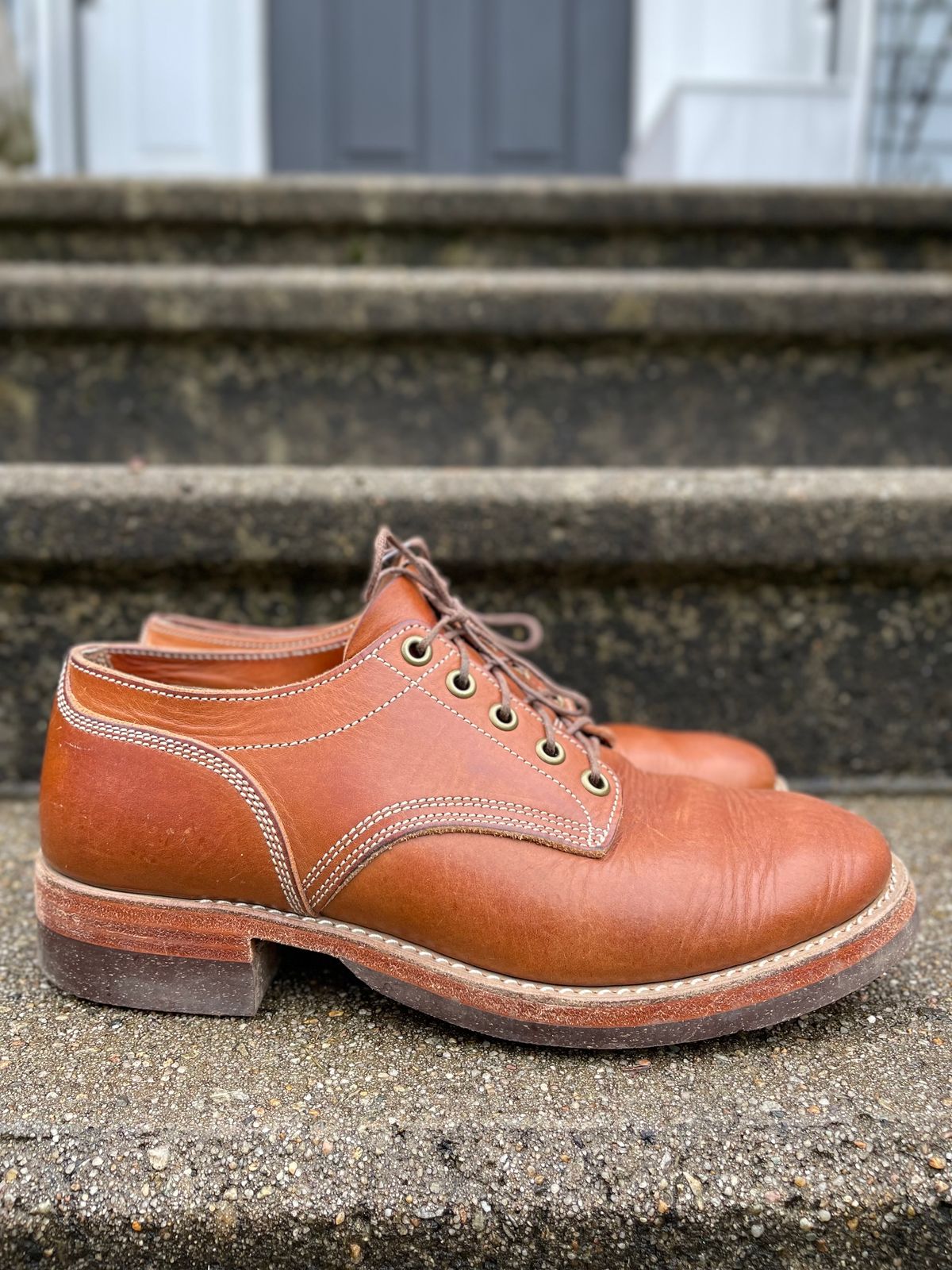 Photo by NewEnglandIndigo on December 2, 2023 of the Onderhoud LVL01 Derby Boot in Badalassi Carlo Cognac Minerva.