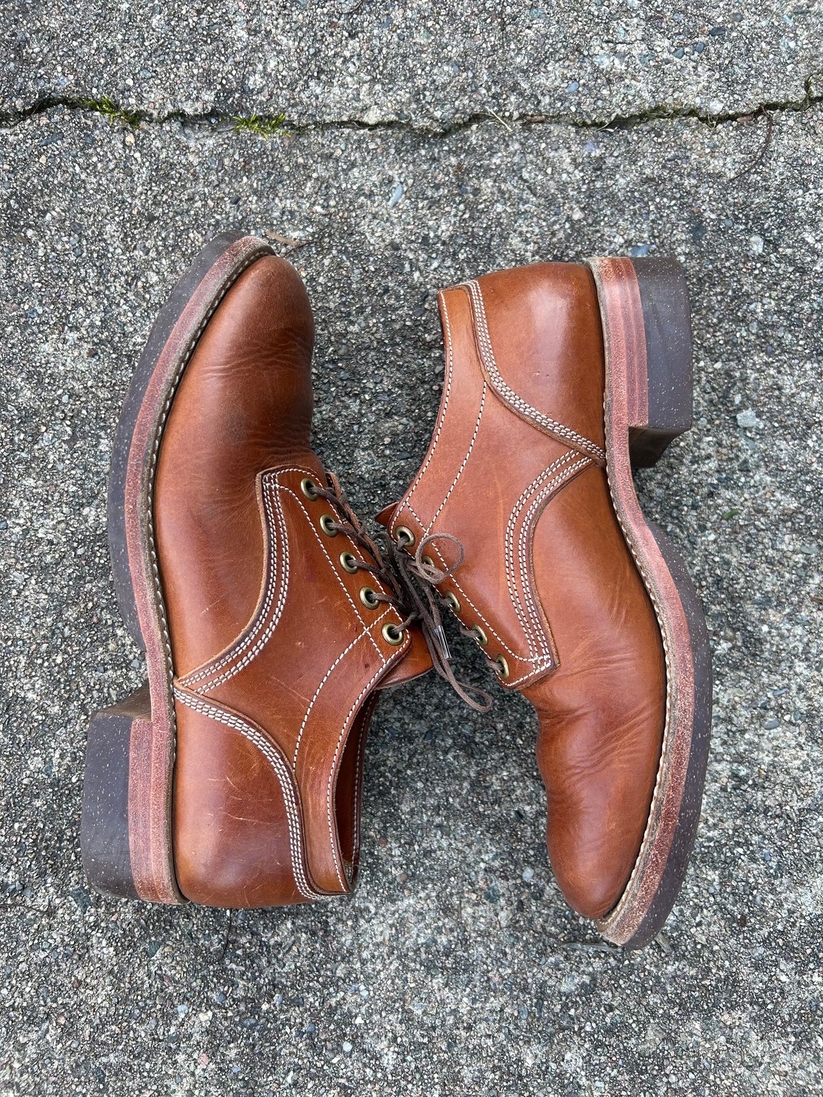 Photo by NewEnglandIndigo on January 1, 2024 of the Onderhoud LVL01 Derby Boot in Badalassi Carlo Cognac Minerva.