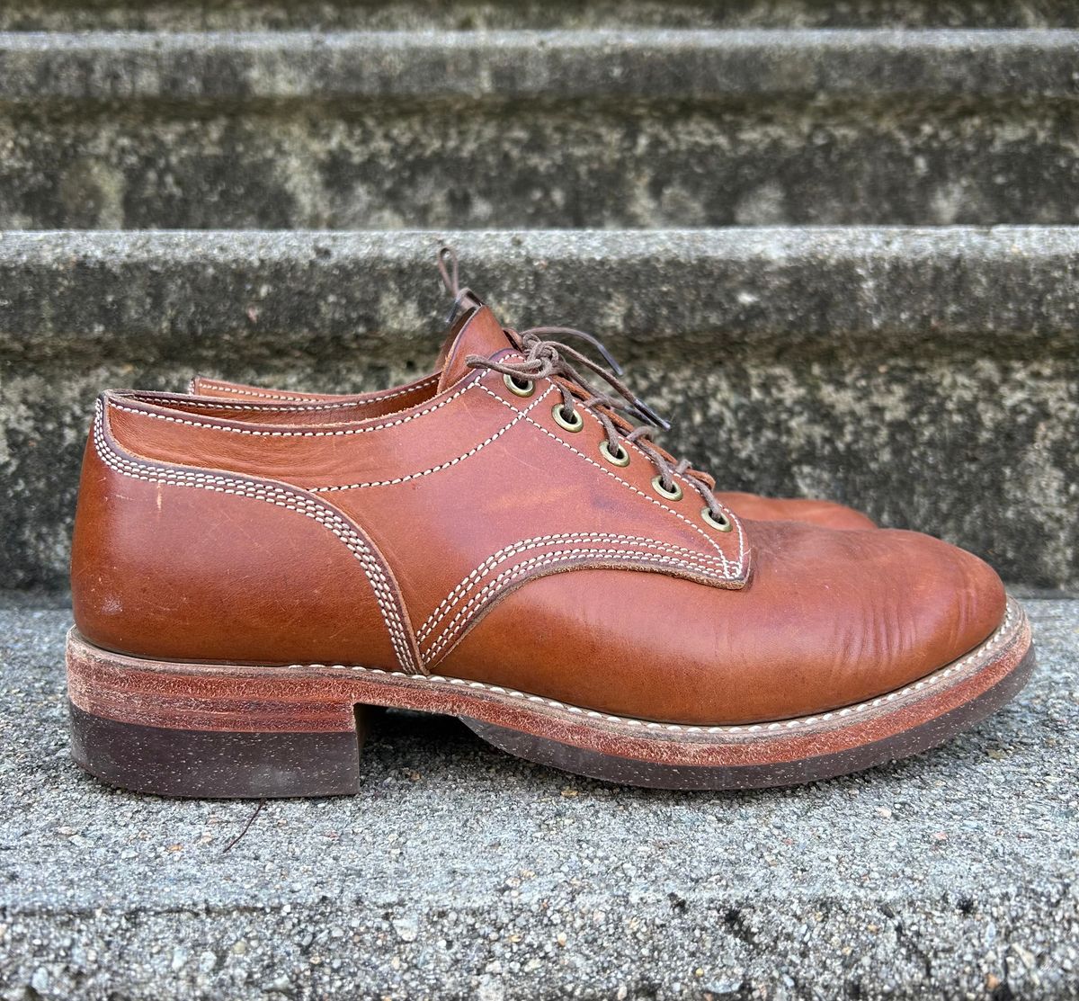 Photo by NewEnglandIndigo on January 1, 2024 of the Onderhoud LVL01 Derby Boot in Badalassi Carlo Cognac Minerva.